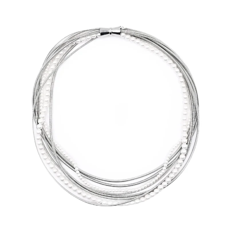 silver rope chain men Piano Wire & Pearl Strands Necklace, Silver