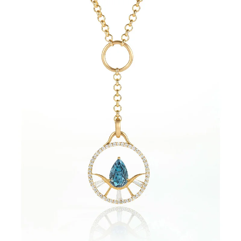sapphire engagement ring halo Sun Ray Pavéd London Blue Topaz medallion pendant