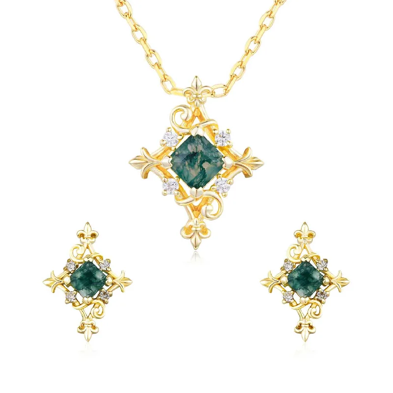 minimalist rose gold bracelet Vine Diamond Moss Agate Necklace and Earrings Set (Yellow Gold)