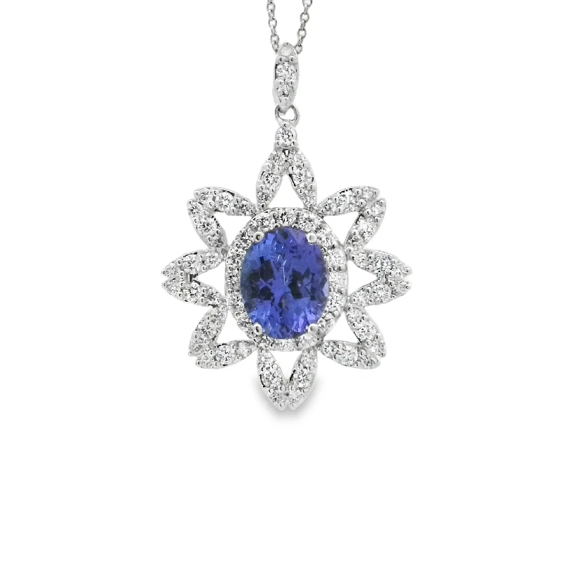 gold plated Cuban link chain White Gold Tanzanite and Diamond Halo Pendant