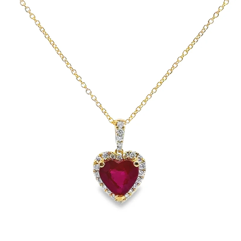 birthstone necklace for mom Yellow Gold Ruby and Diamond Halo Pendant